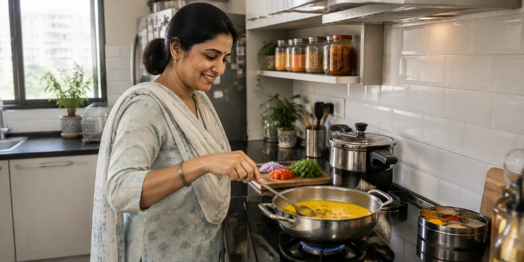 A home chef cooking in a real home kitchen